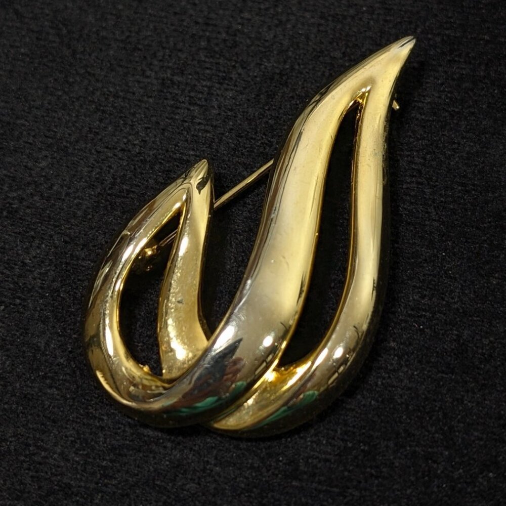 Vintage Gold Tone Swirl Scroll Teardrop Modernist Brooch Pin‎
